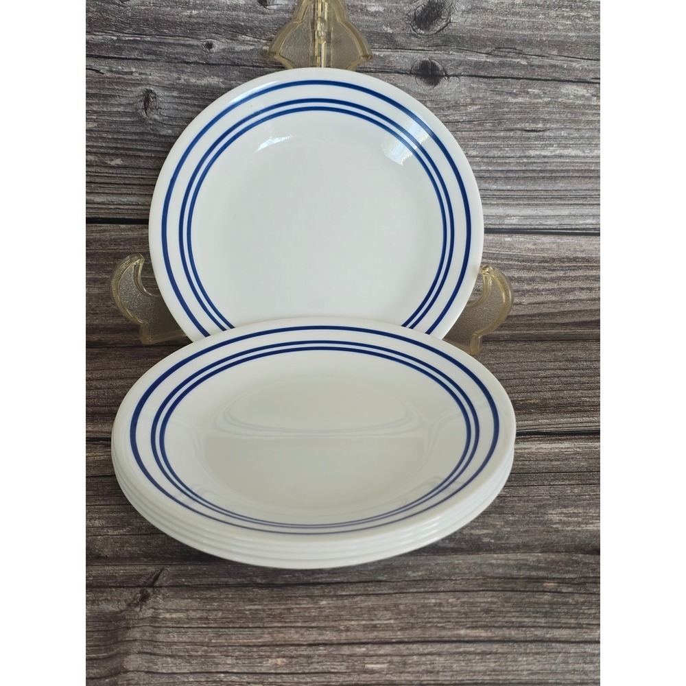Corelle Blue Stripes Dessert Plates Set of 5 Vitrelle White Navy Bands 7 Inch